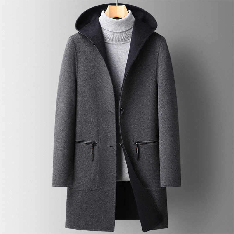 Fall Winter Hooded Double-sided Wear Wool Overcoat Men's Mid-length view 8