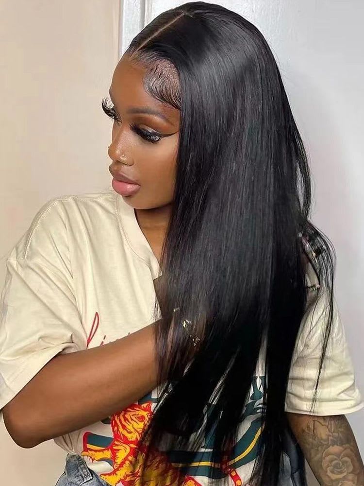 Black Medium Long Straight Hair Chemical Fiber T-shaped Front Lace Wig view 2