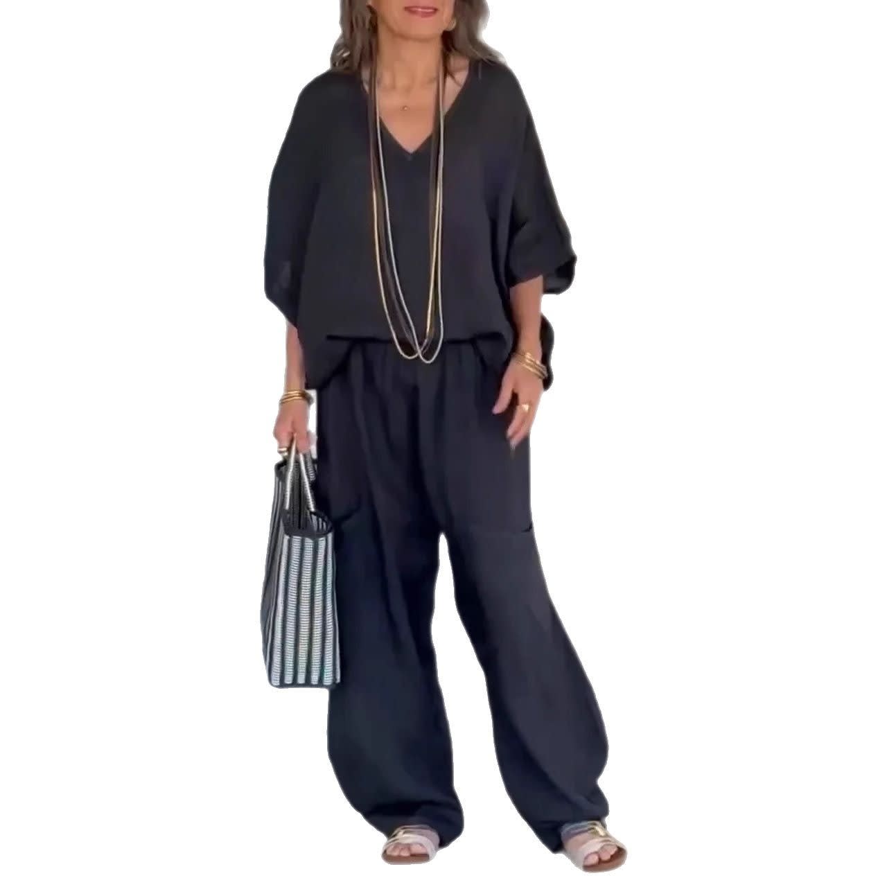 European And American Ladies Casual V-neck Loose Pockets Half Sleeve Cotton And Linen Suit view 8