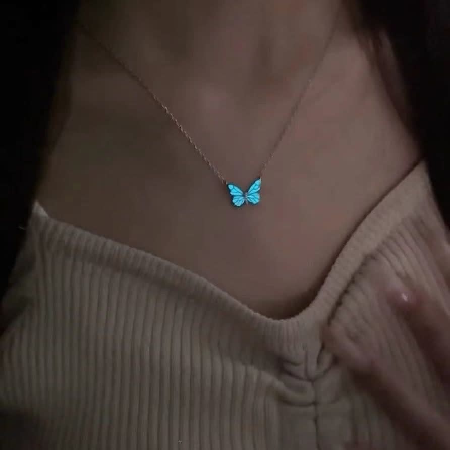 Fashion Blue Luminous Butterfly Necklace Bracelet Set For Glow In The Dark Women Clavicle Chain Choker Party Jewelry Set Gift view 6
