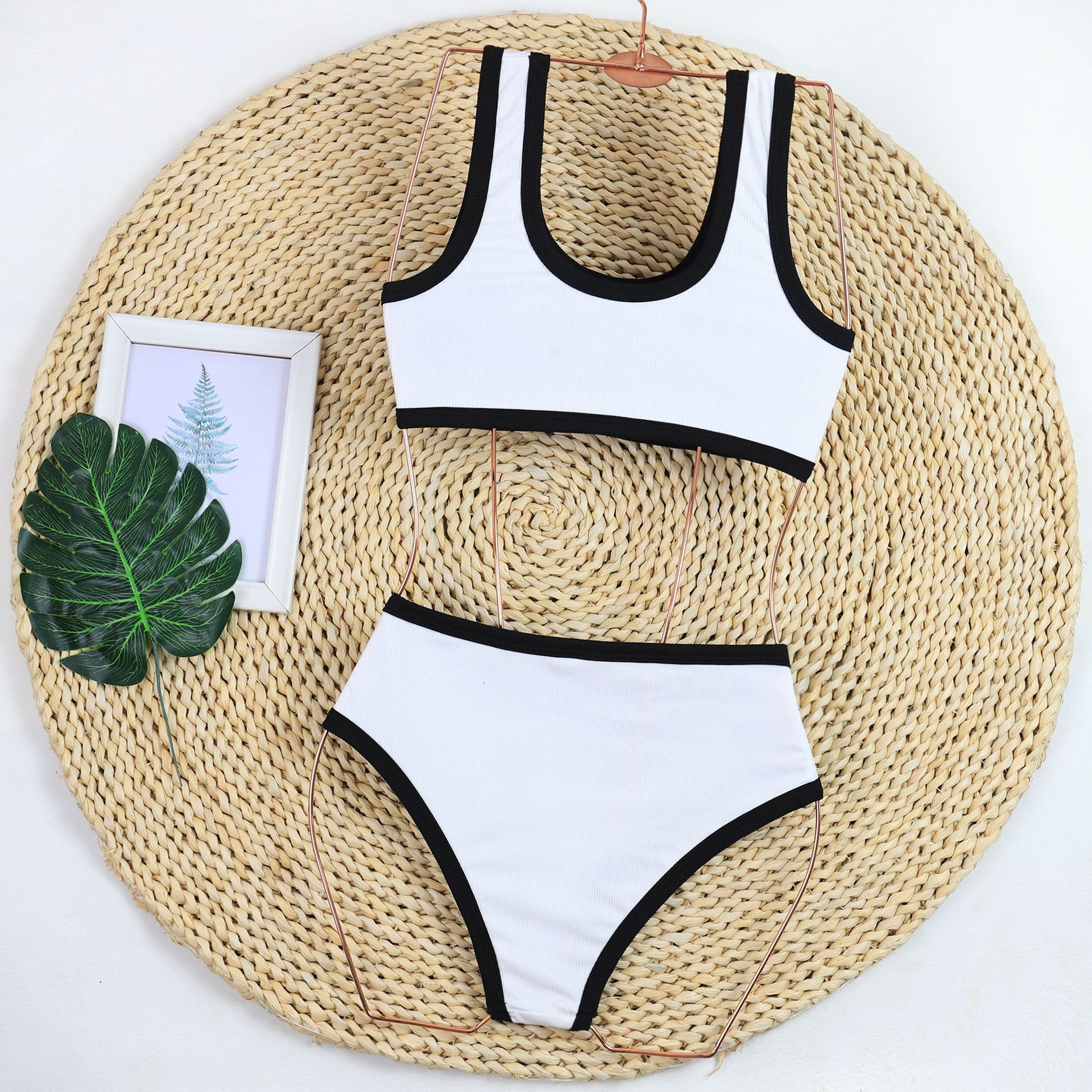 Sexy Black And White Color Matching High Waist Split Bikini Swimsuit view 6