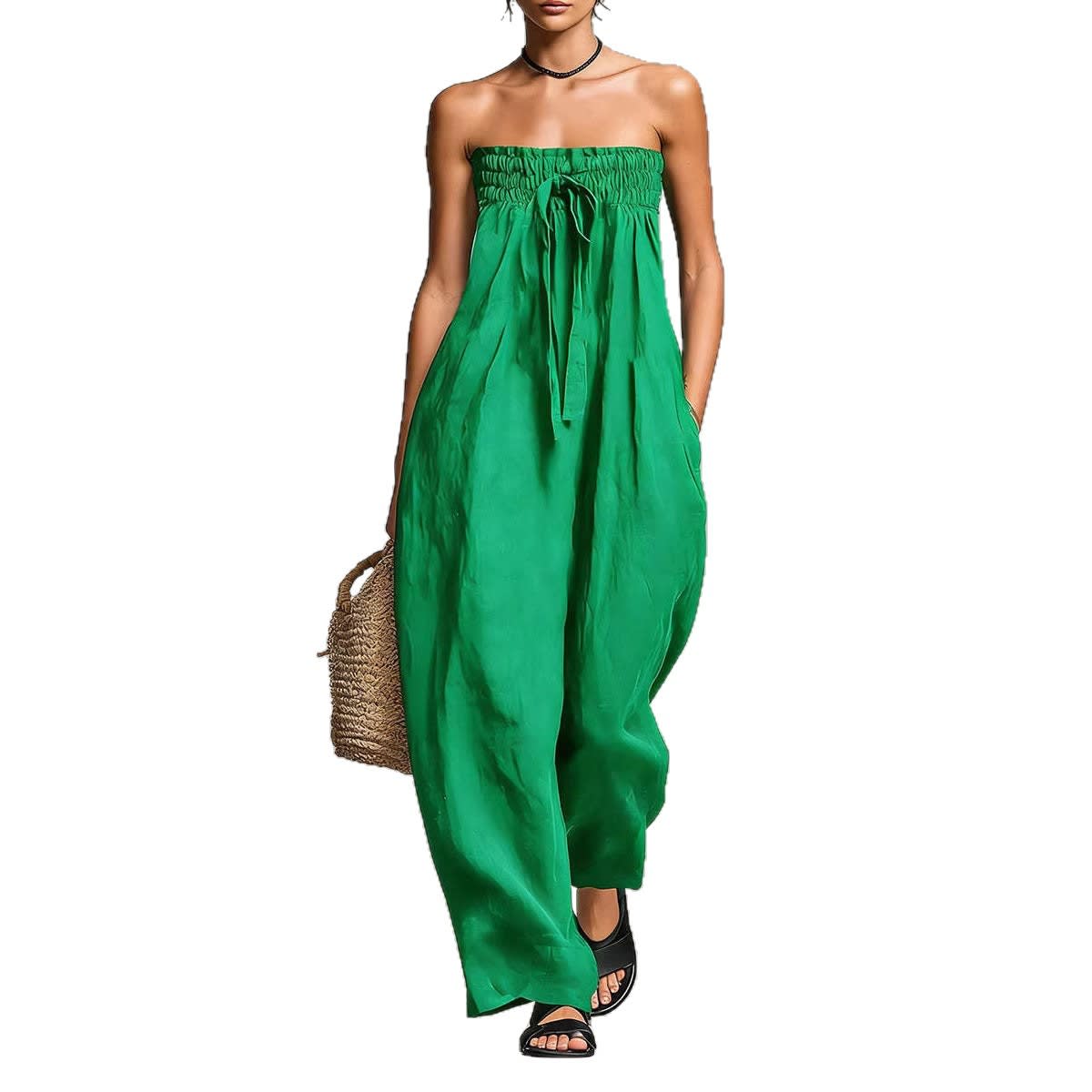 Women's Strapless Ruched Jumpsuit Summer Fashion Tie-up Loose Straight-leg Jumpsuit view 6