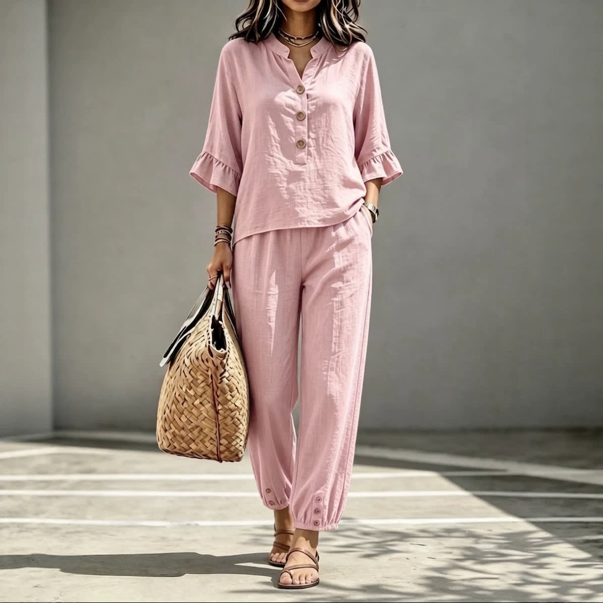 2pcs Set Women's Casual V-neck Collar Button Top Three-quarter-sleeve Top And Cropped Wide Leg Trousers Set Retro Female Office Suit view 3