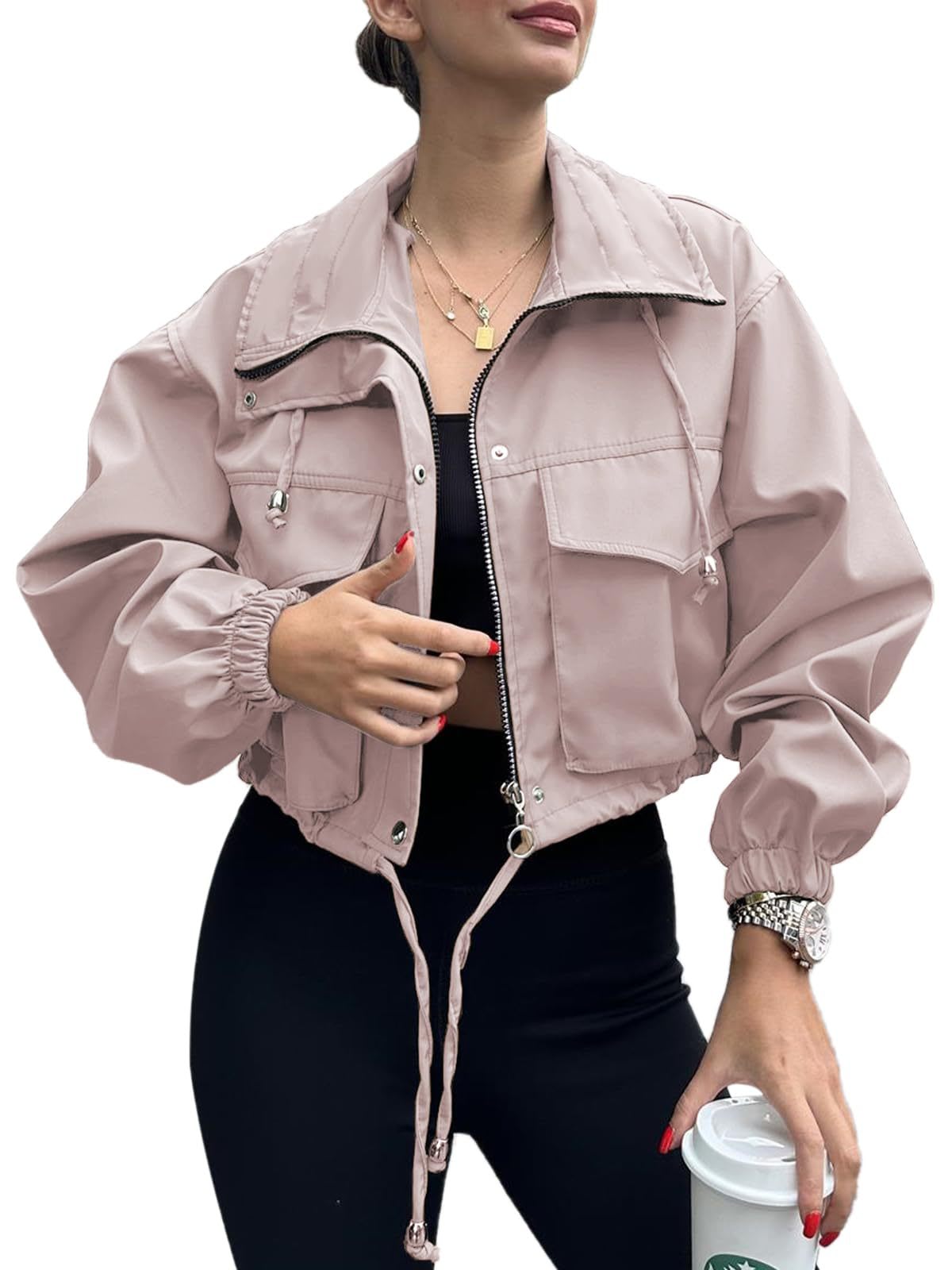 Solid Color Women's Short Jacket Zipper Trench Coat view 12