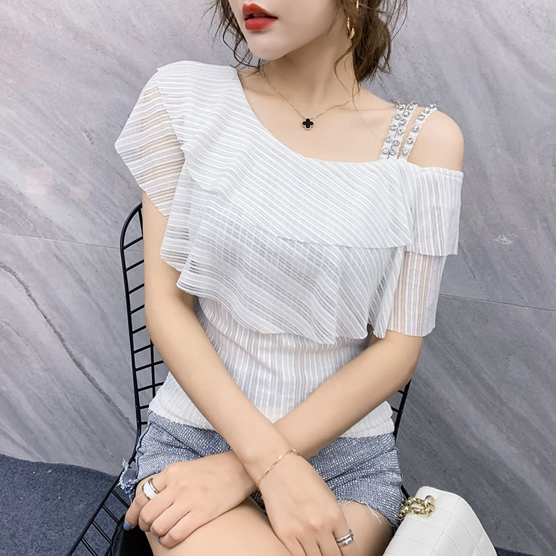 Ruffled Shoulder Leakage Ice Silk Top view 4