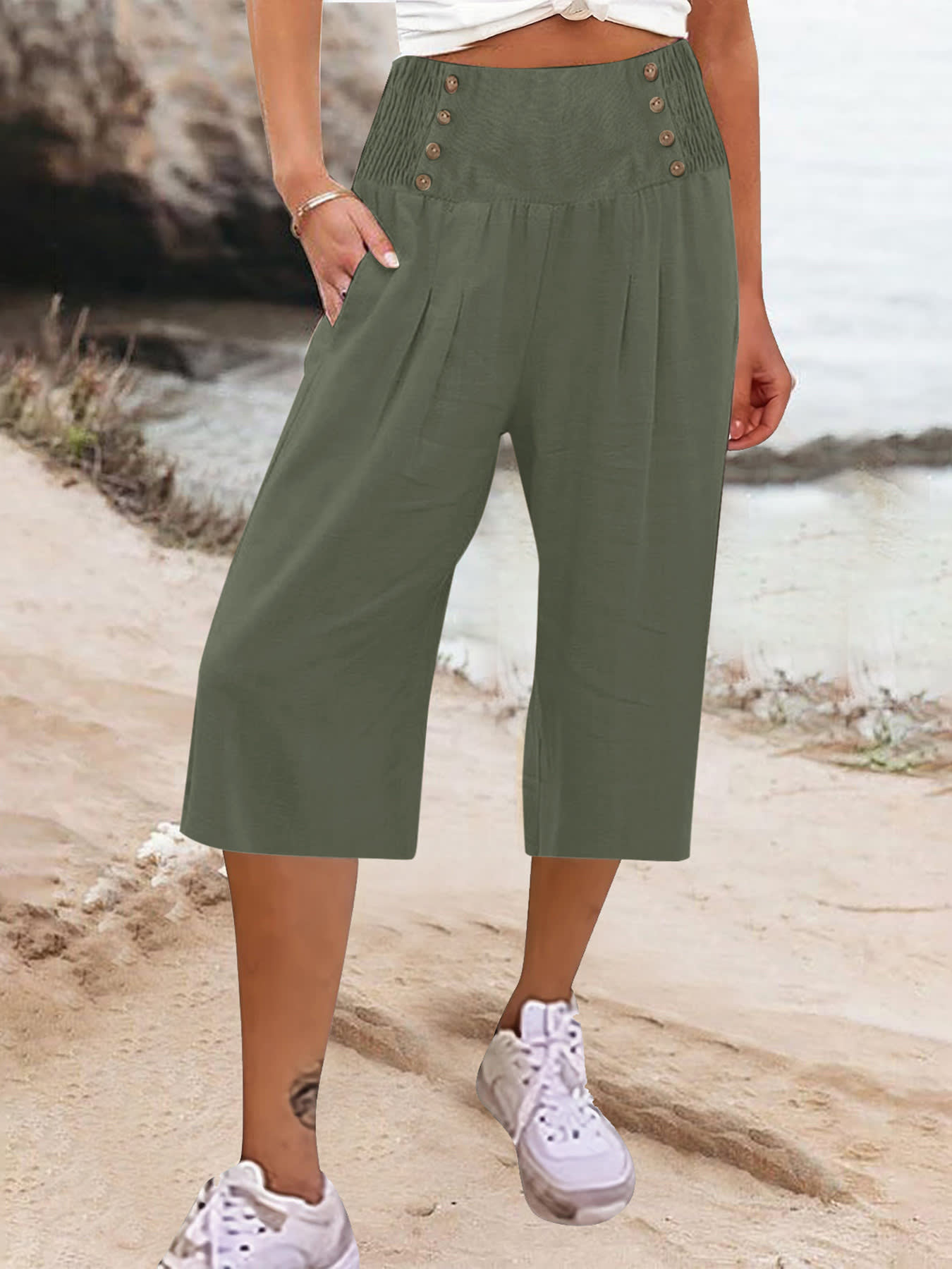Women's Cotton And Linen Solid Color Buttons Loose Casual Cropped Pants view 10