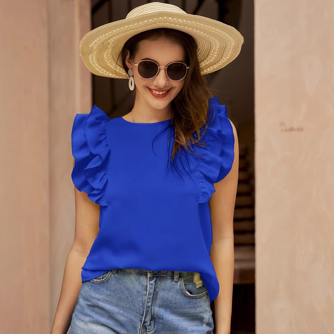 Round Neck Sleeveless Shirt Ruffle Sleeve Pleated Elegant Lady view 6
