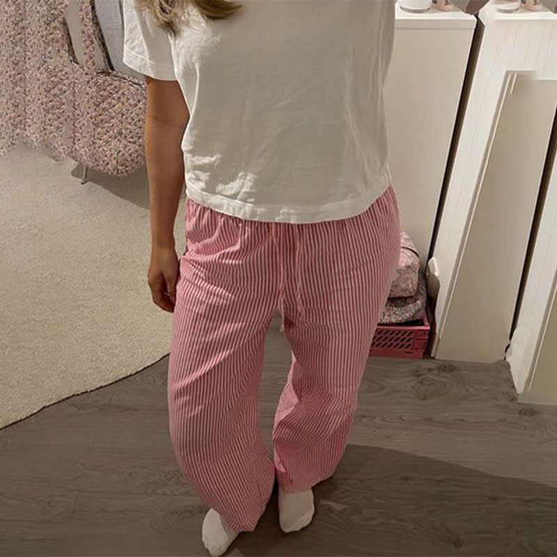 Striped Printed Elastic Waist Drawstring Pocket Straight Casual Trousers view 22
