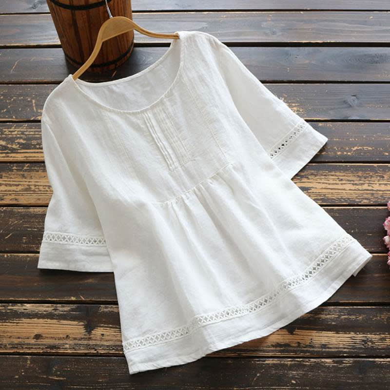 Summer Solid Color Cotton And Linen Top Half Sleeve view 19