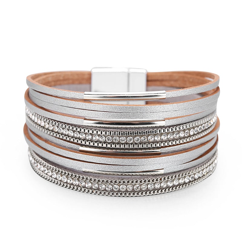 Multi-layer Genuine Leather Slim Chain Copper Tube Stick-on Crystals Bracelet view 6
