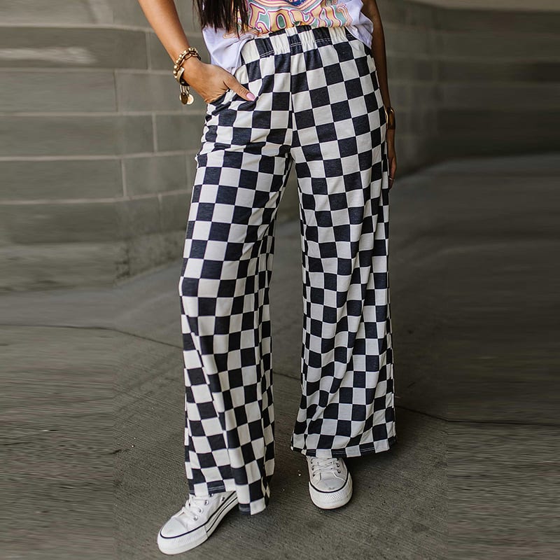 Spring New Chessboard Plaid Printed Casual All-match Loose Wide-leg Pants view 2