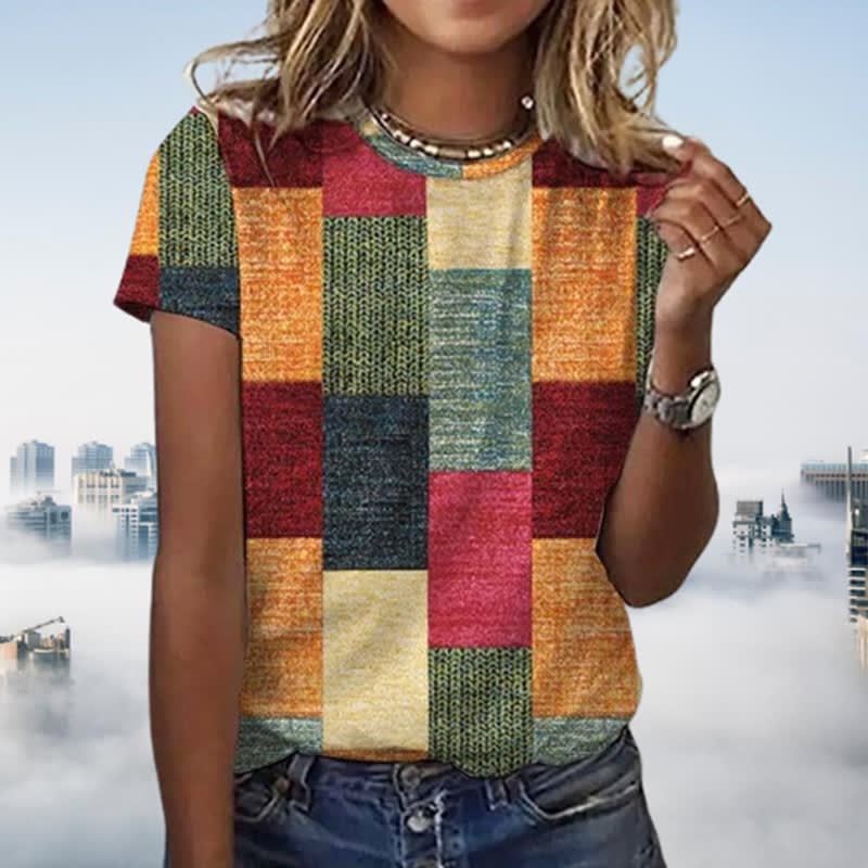European And American Leisure Color Checkered Short Sleeve Round Neck Top view 3