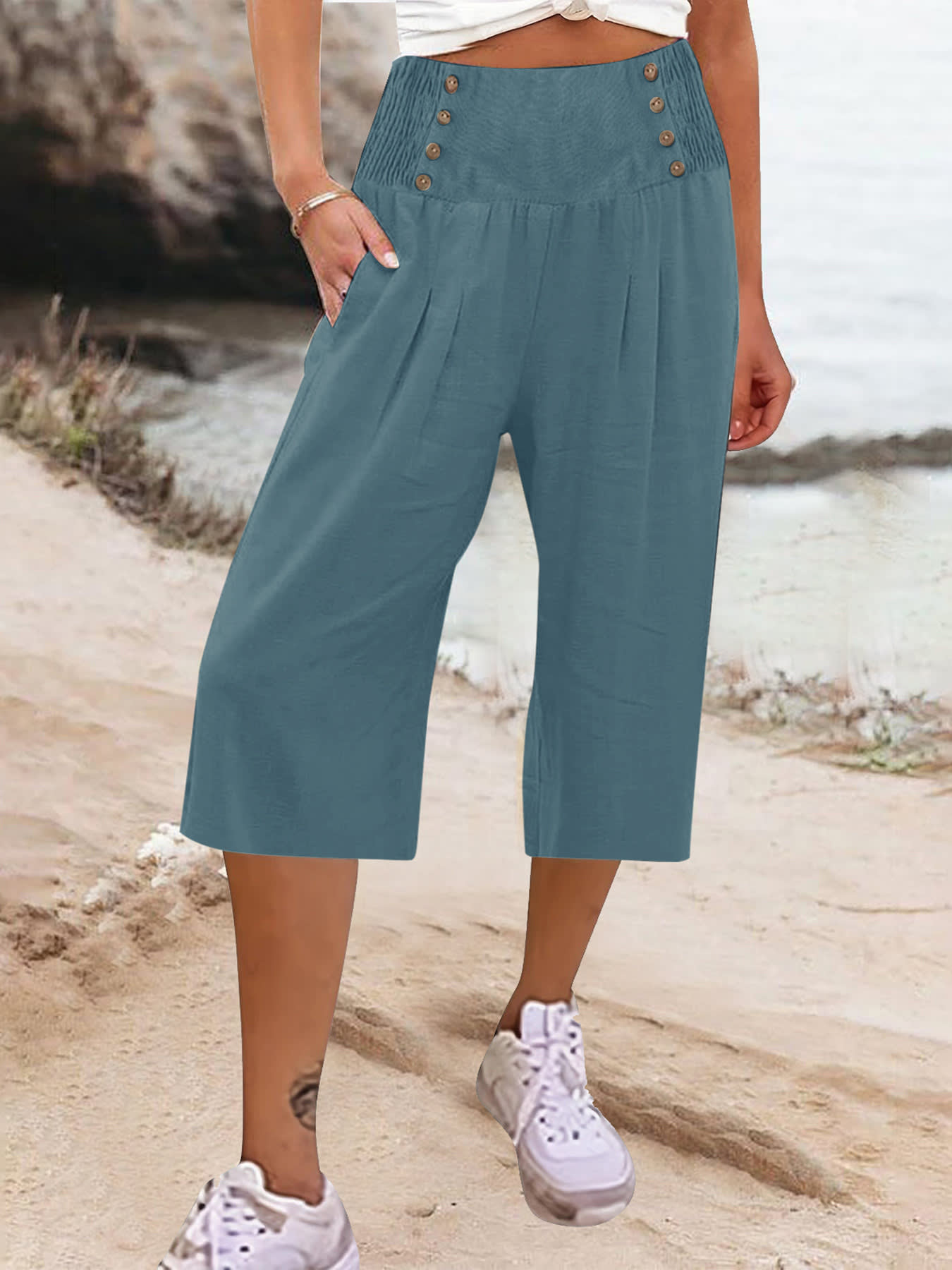 Women's Cotton And Linen Solid Color Buttons Loose Casual Cropped Pants view 5