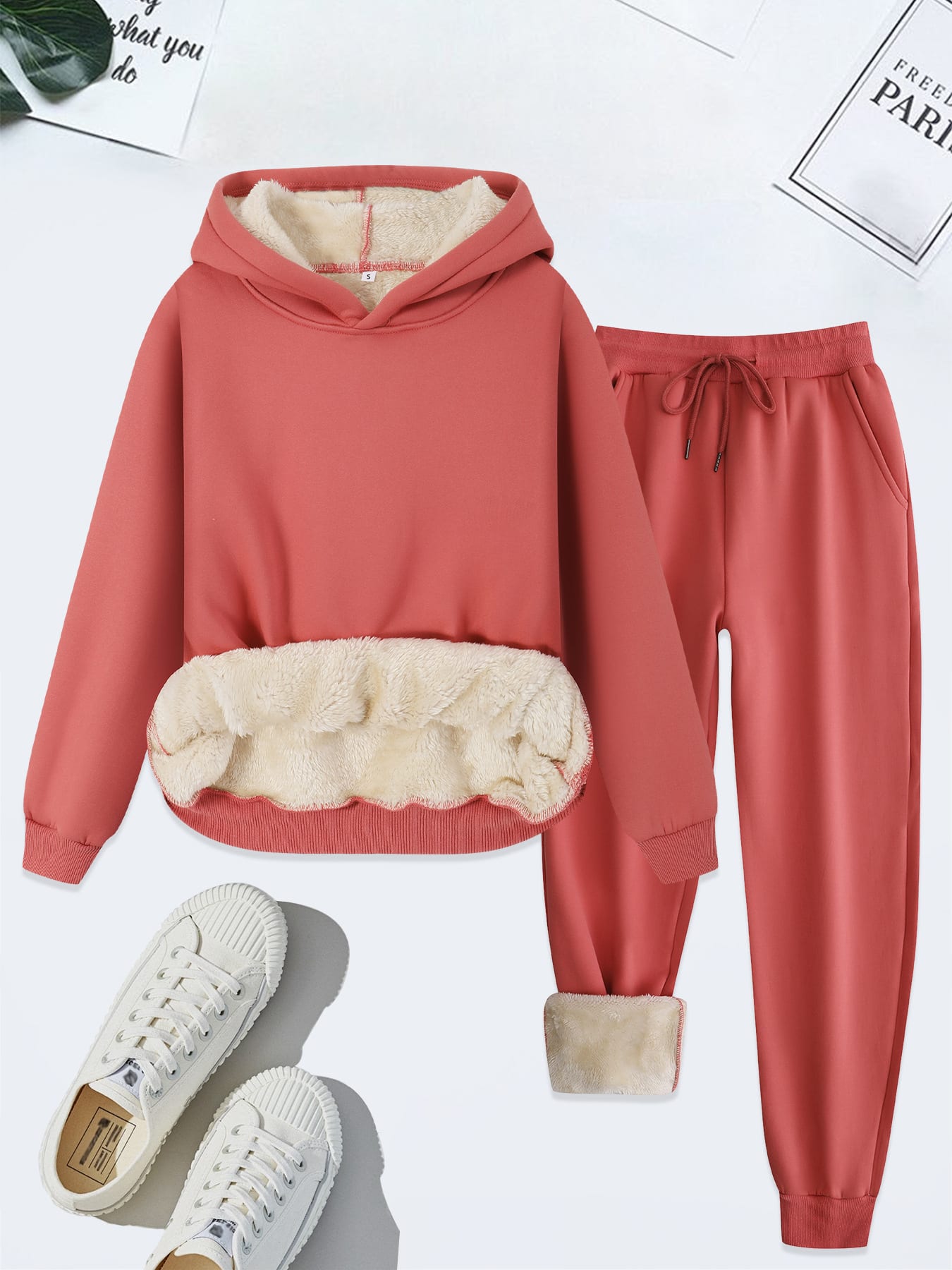Women's US Size Suit Winter Warm Hoodie Lambswool Hooded Hooded Pullover Tops view 5