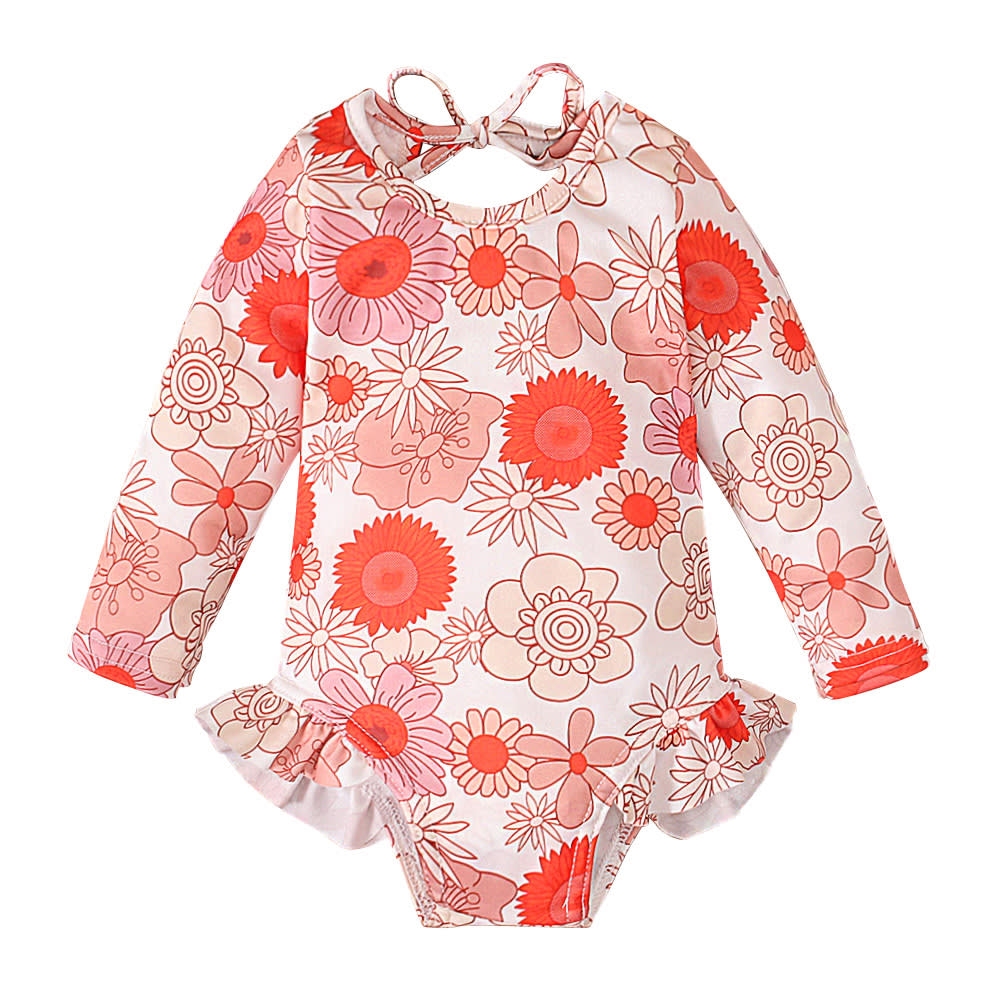 Girl's Pattern Graphic Print Crew Neck Open Back Swimsuit view 3