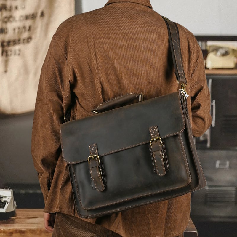 Top Layer Leather One-shoulder Crossbody Laptop Bag view 3