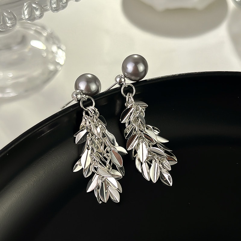 Sparkling Gray Pearl Tassel Earrings view 4