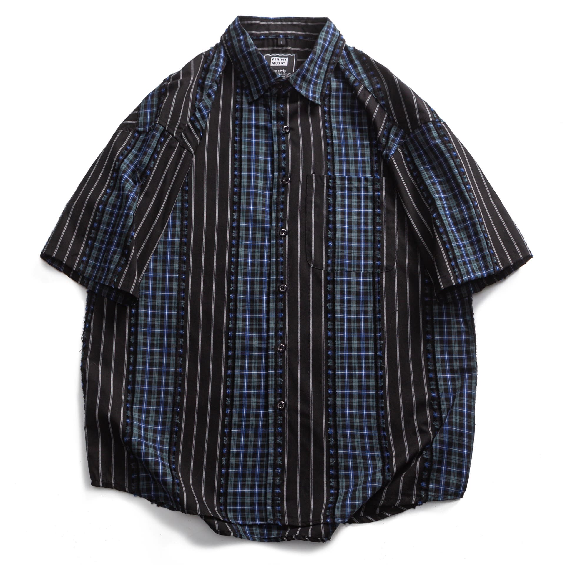 Striped Plaid Colorblock Frayed Short-sleeved Shirt view 3