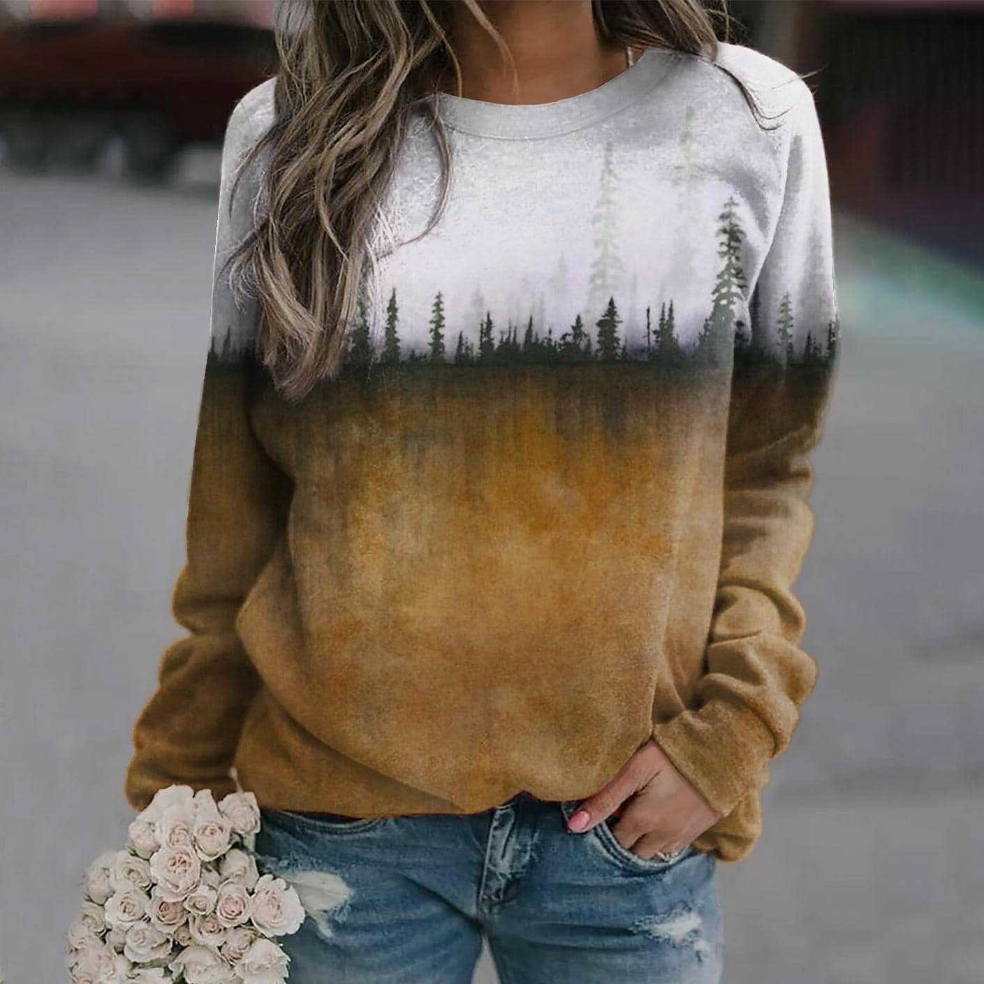 Casual Women's Pine Printed Crew Neck Sweatshirt view 12