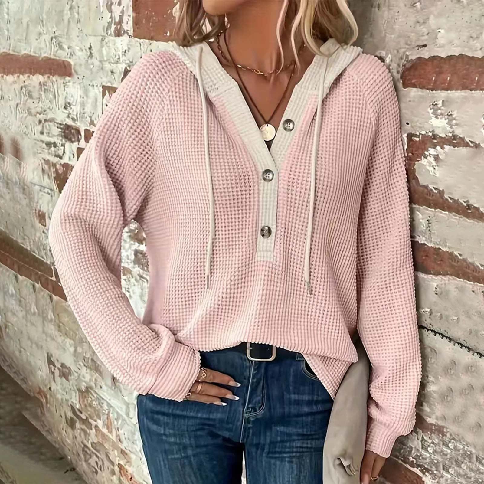 Women's Solid Color Waffle Hooded Button Loose Long Sleeve Sweatershirt view 1