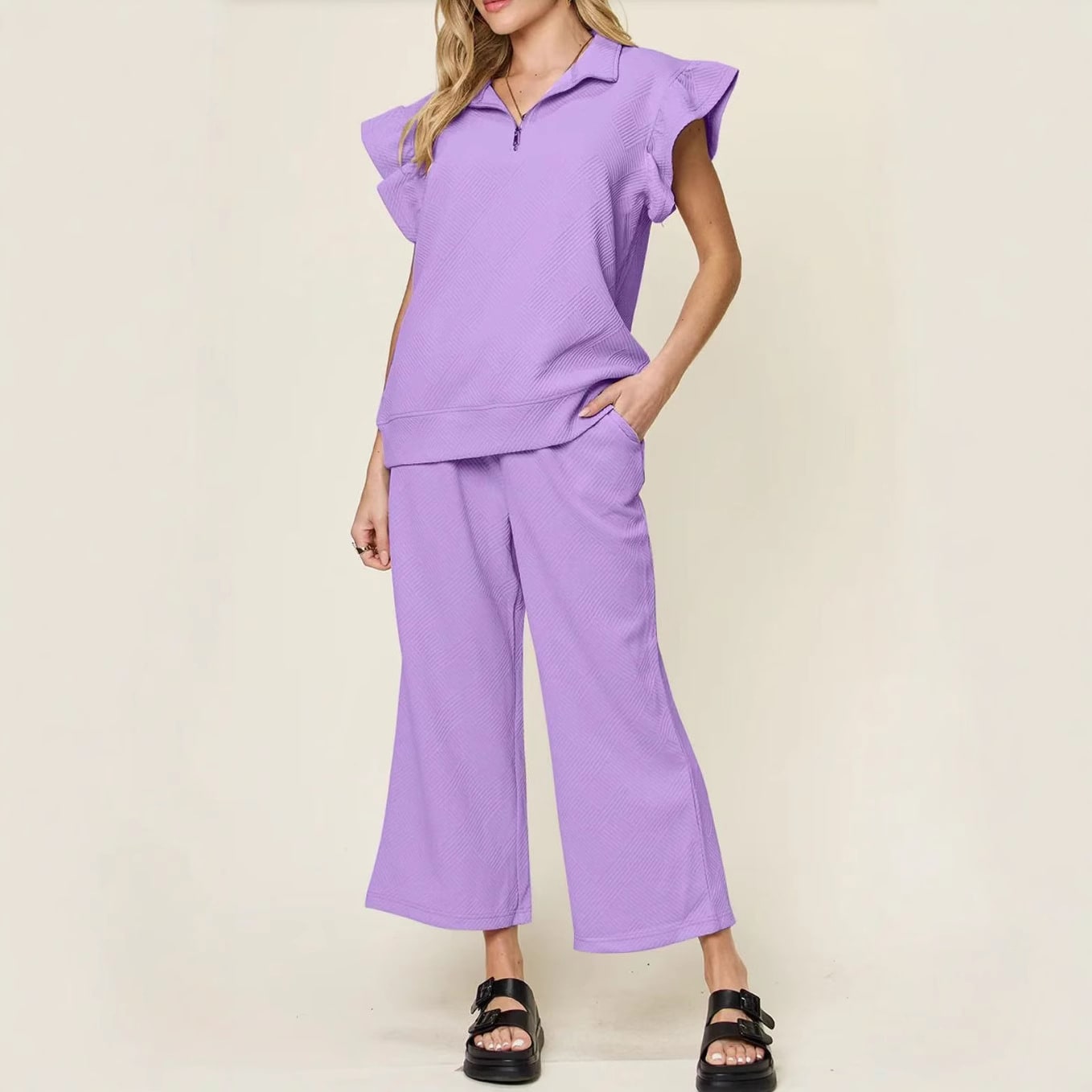 Women's Half Zip Short Sleeve Top Waist Strap Stretch Waist Pocket Shorts