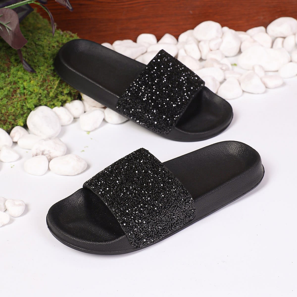 Hot Sale Women's Crystal Light Black And Silver Slippers view 5