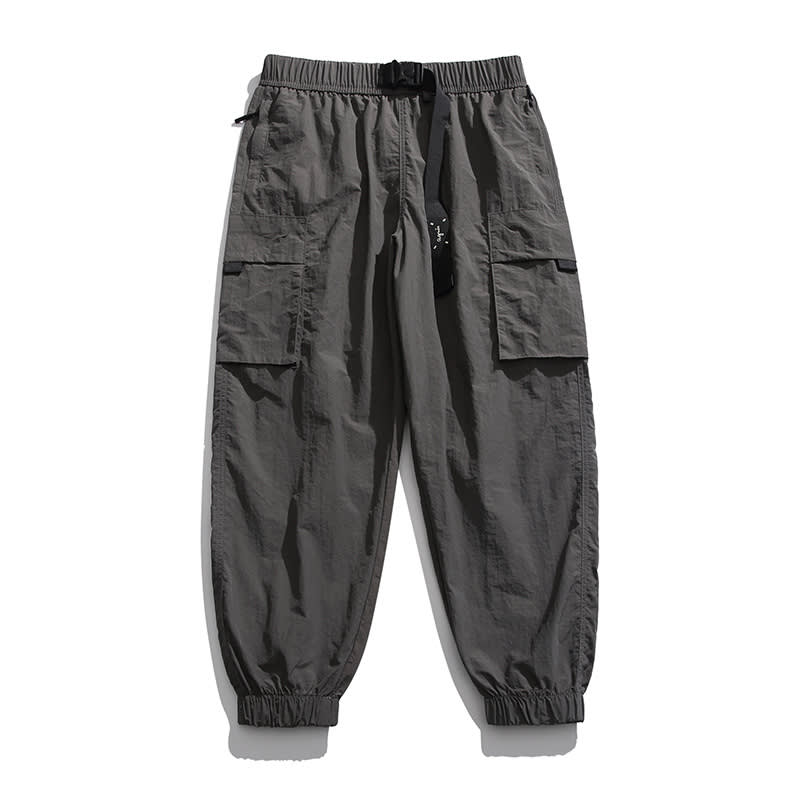 Retro Japanese Multi-pocket Workwear Ankle-tied Ice Silk Casual Pants view 2