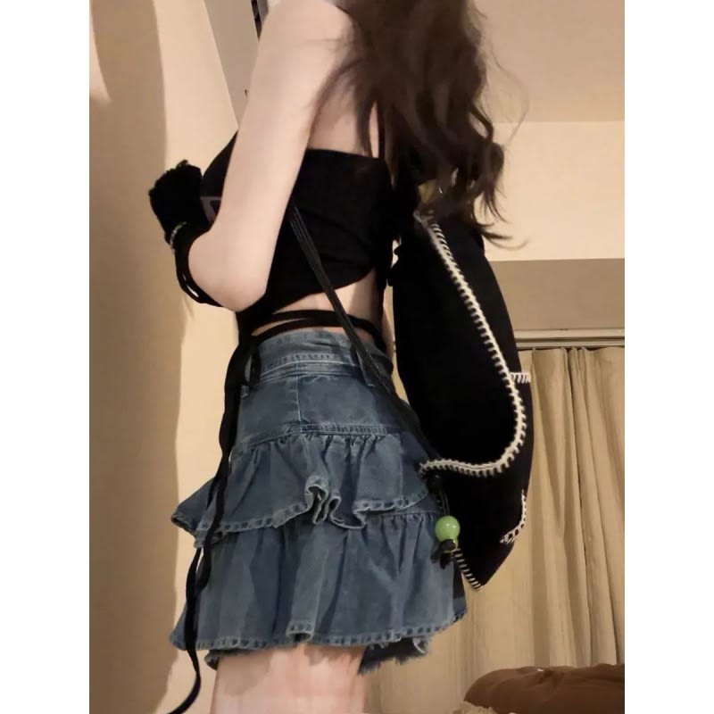 Fashion Suit Lotus Leaf Border Light Denim Skirt Letter Cutout Sling view 12