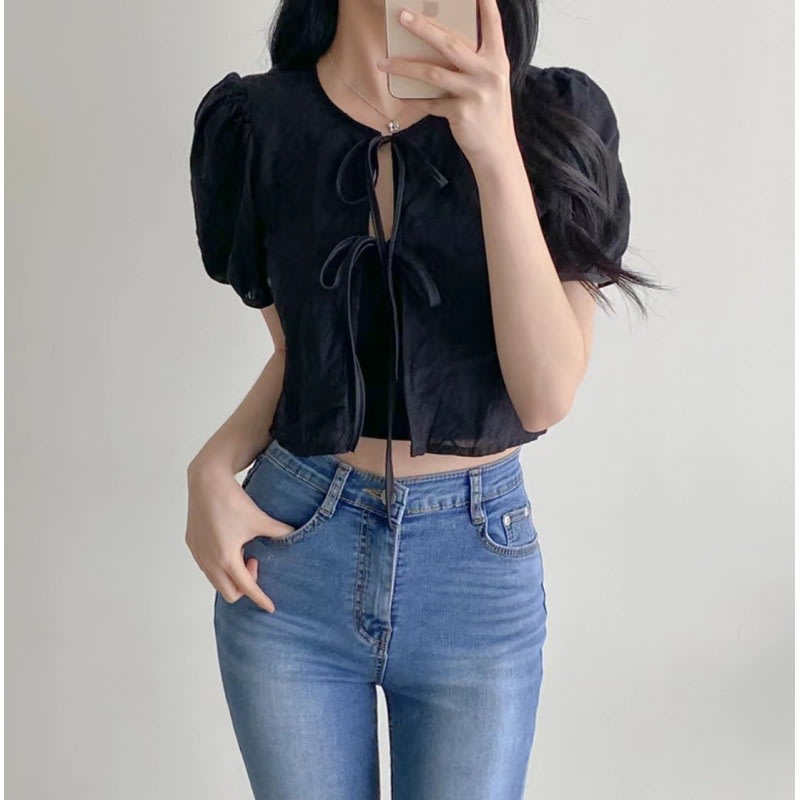 Chic Lace-up Crocheted Short-sleeved Blouse Shirt view 2