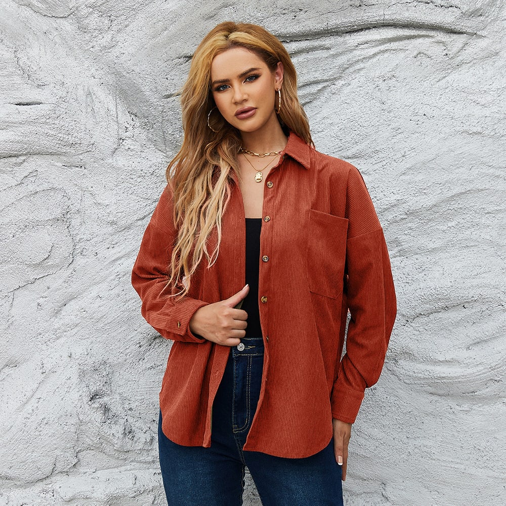 Corduroy Women's American Loose Jacket Coat Solid Color Shirt view 8