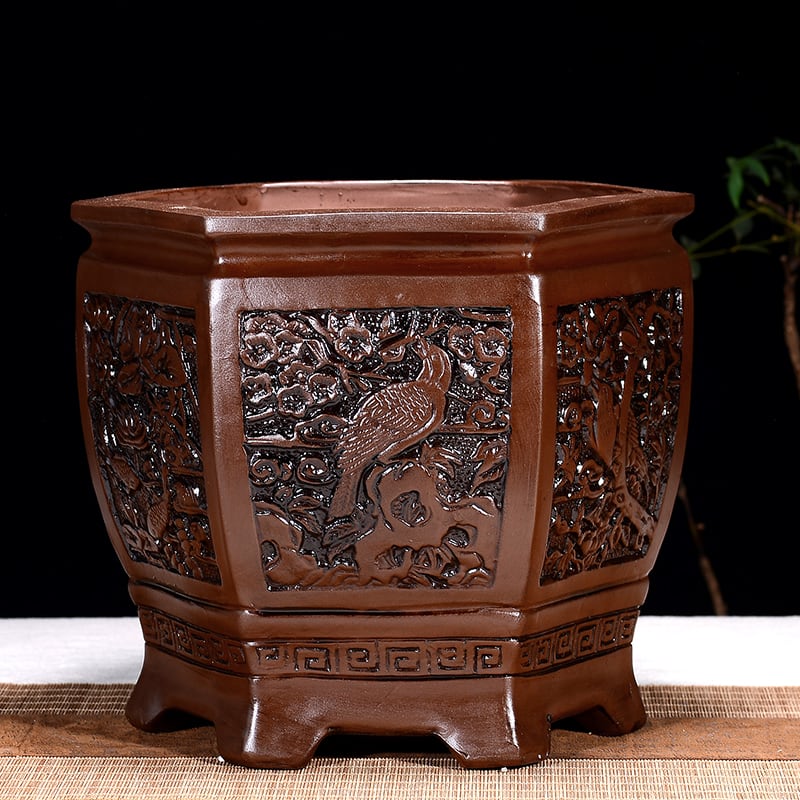 Antique Style Redware Flower Pot Retro Square Hexagonal Bonsai