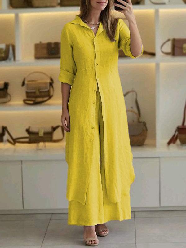 Urban Elegant Cotton And Linen Slim-fit Waist-tight Long Shirt Wide-leg Pants Suit view 3