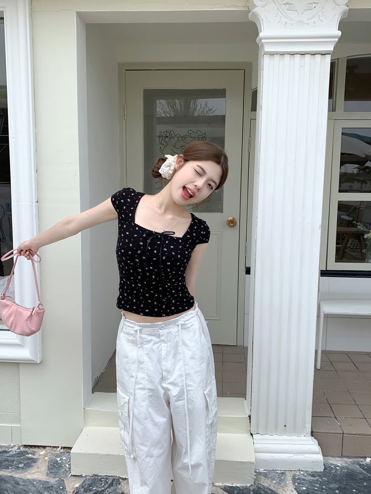 Women's Summer Slim Fit Niche Chic Square Collar Short Sleeve T-shirt Top view 55