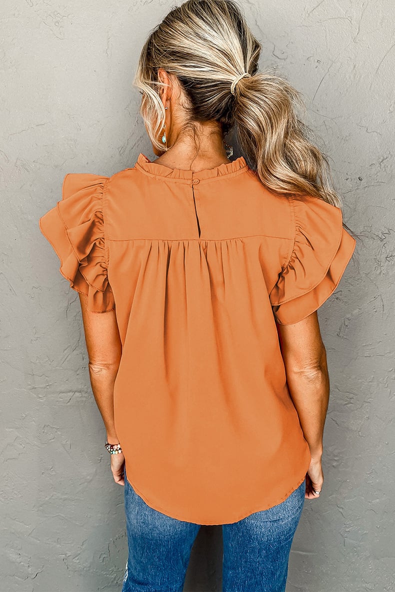 Fashion Pleated Stand Collar Pullover Leisure Pure Color Ruffles Three Quarter Sleeve view 8