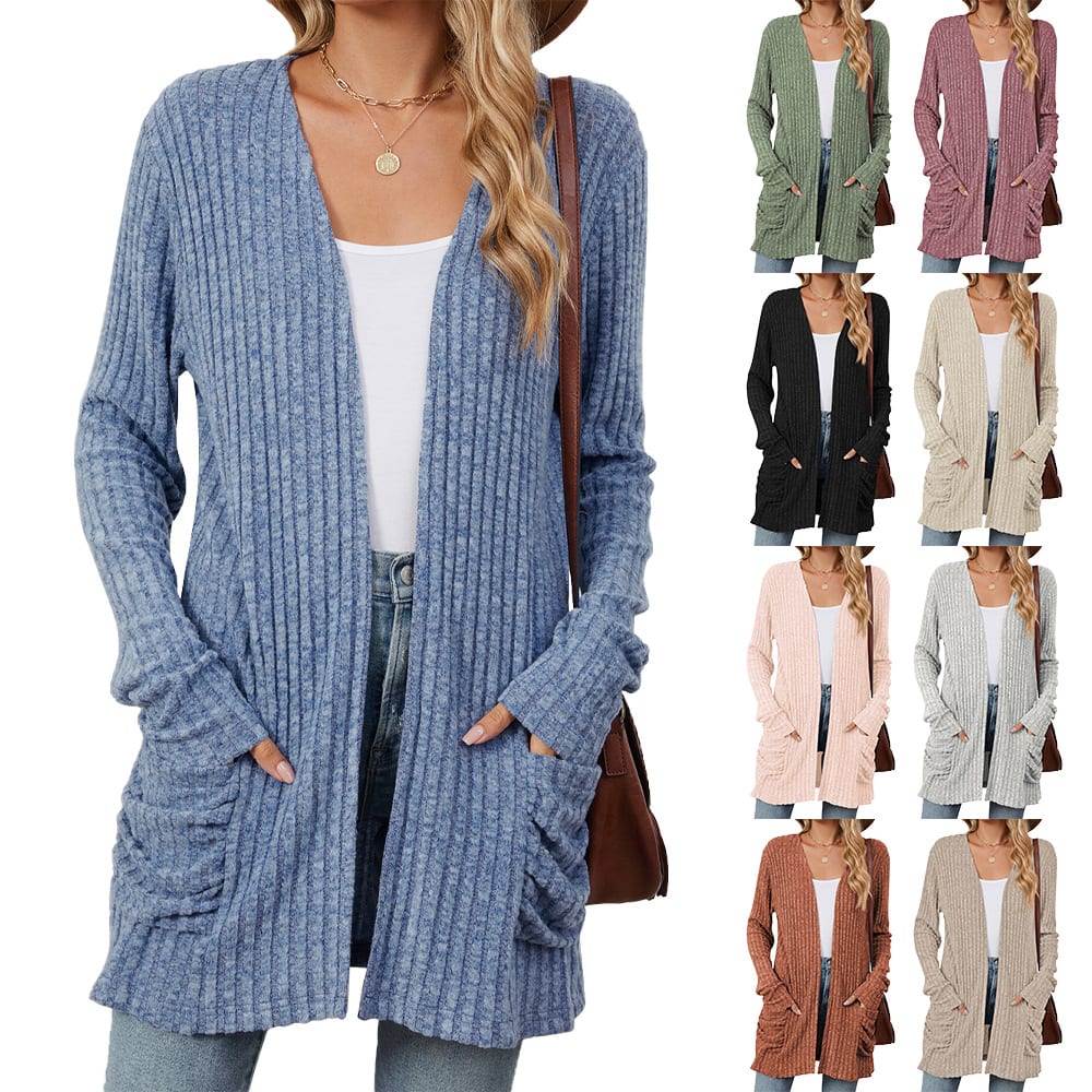 Solid Color Pocket Long Sleeve Bottoming Cardigan Knitwear view 2