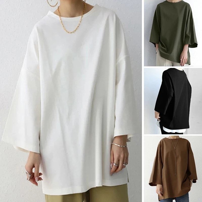 Women's Spring And Summer Solid Color Crew Neck Split Long Sleeve Loose Top view 5