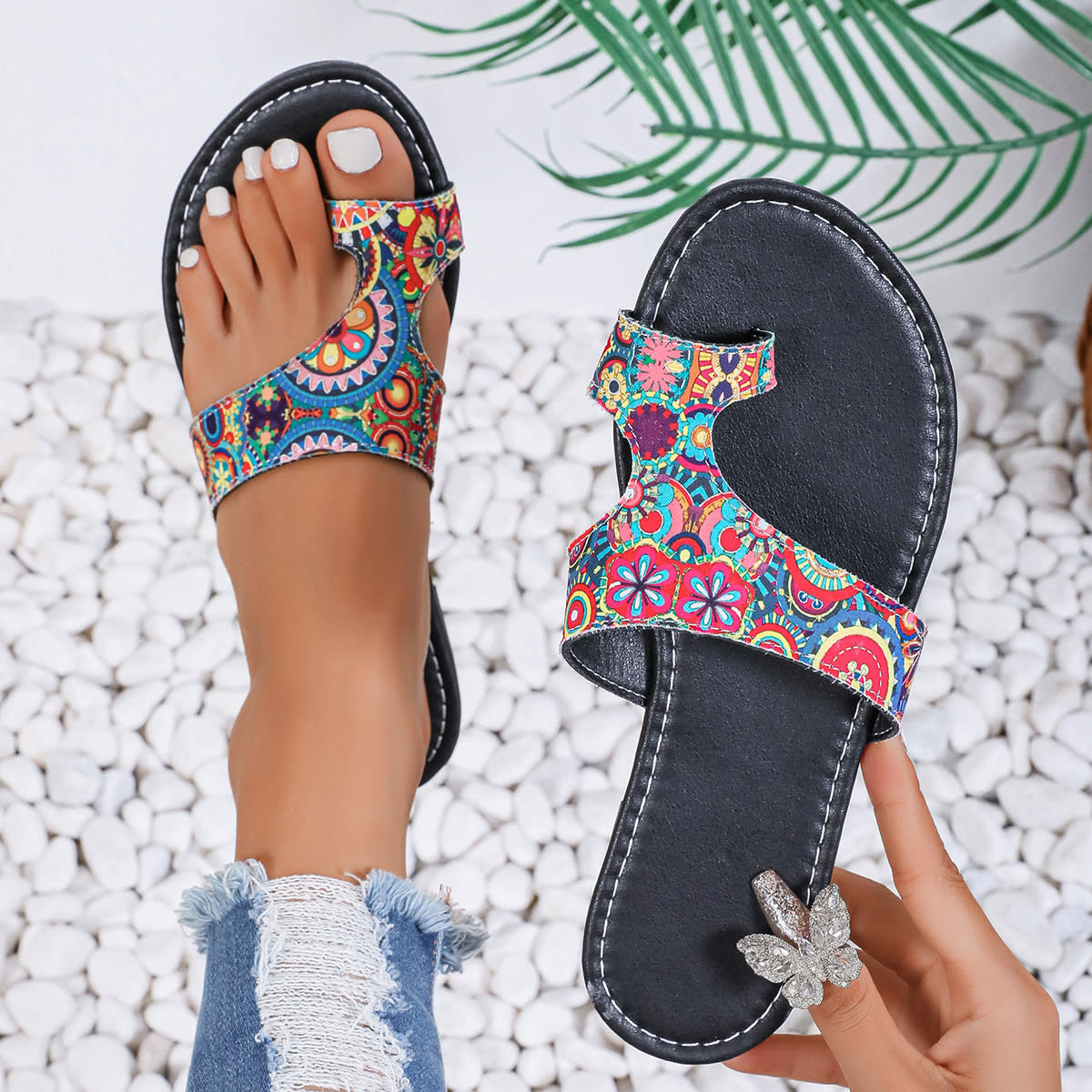 Plus Size Printed Ethnic Style Casual Toe Covering Flip-flops view 19