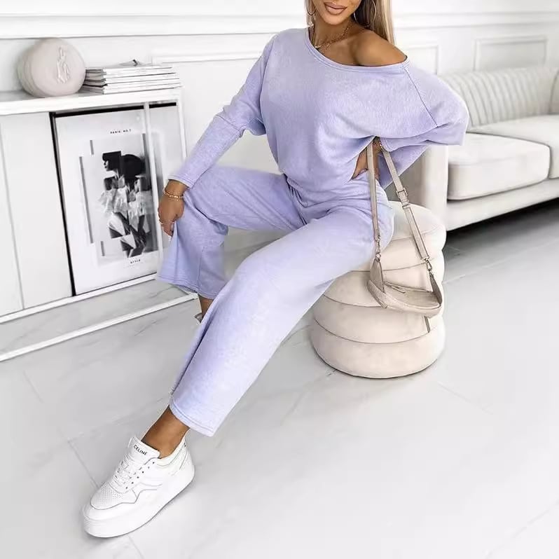 Solid Color Fashion Casual Slant Shoulder Sports Trousers Long-sleeved Suit view 3