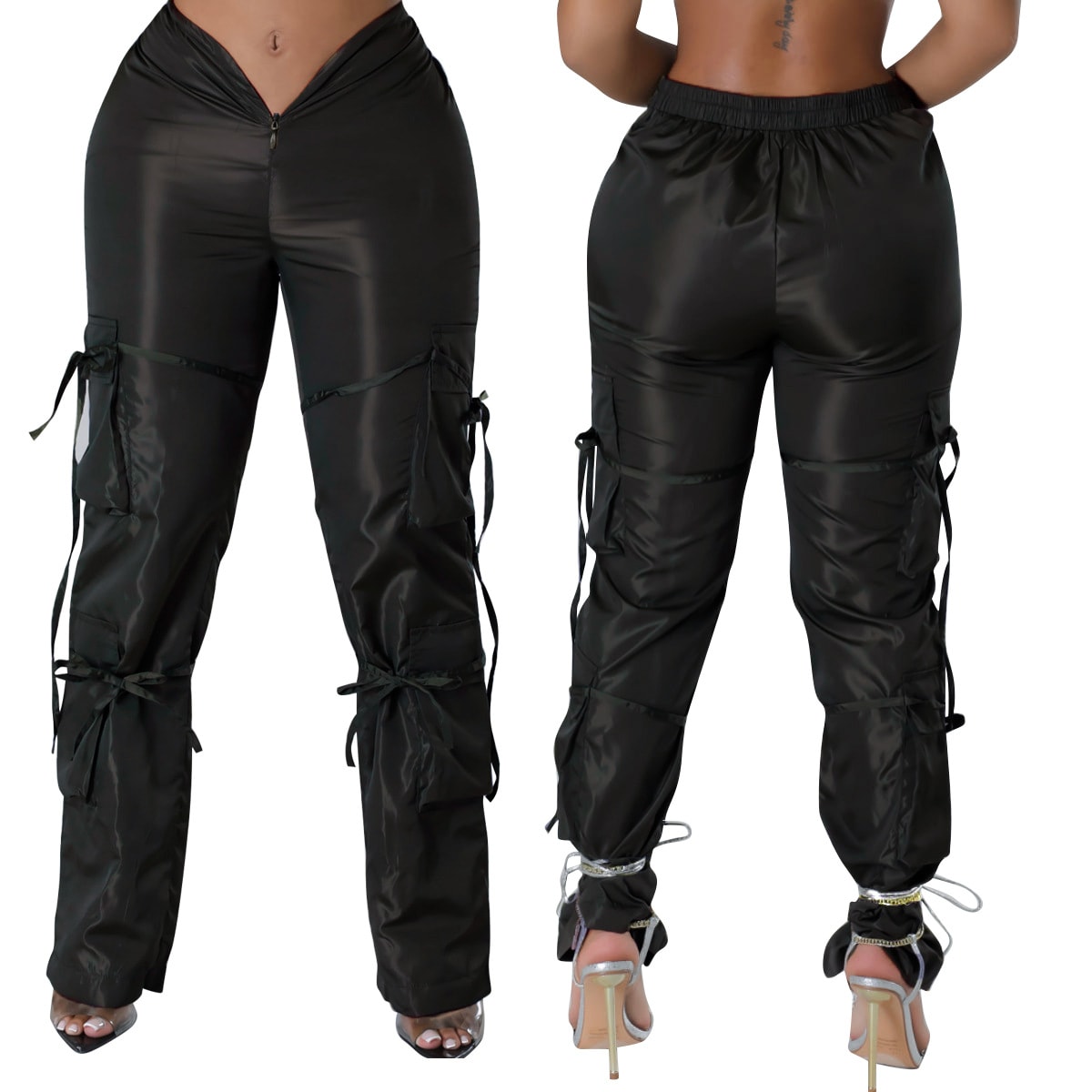 Women's Zipper Closure Strap Solid Color Green Casual Trousers view 32