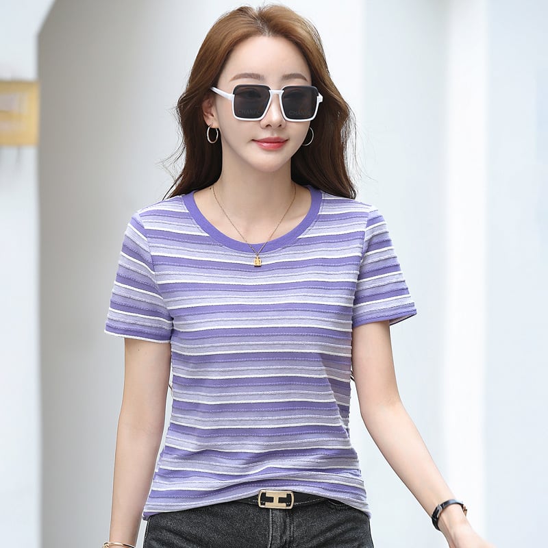 Striped Short-sleeved T-shirt Women's Korean-style White view 3