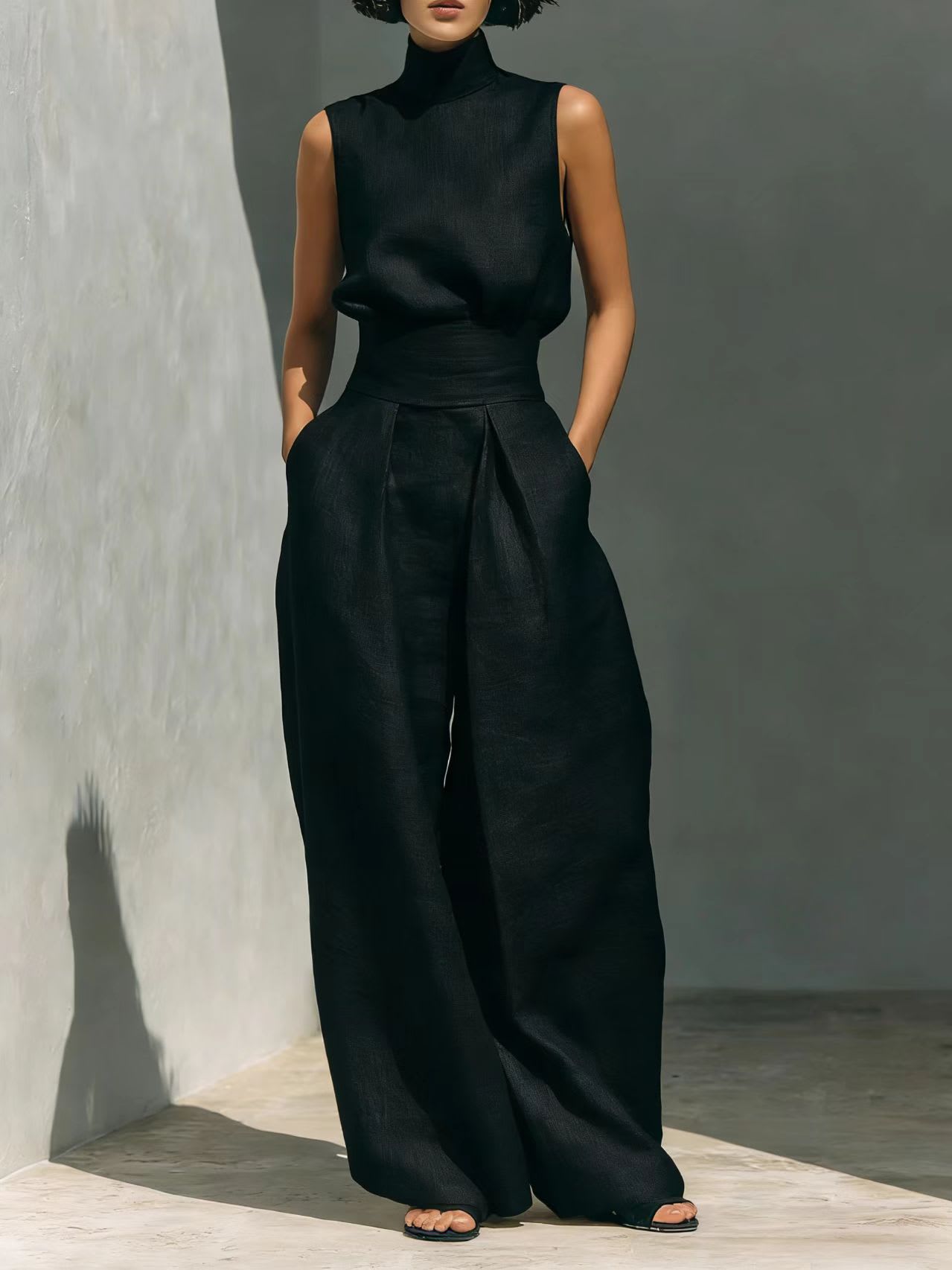 Casual Sleeveless Suit Summer Stand-up Collar Pullover Top And Loose Straight-leg Trousers Women's Clothing view 4
