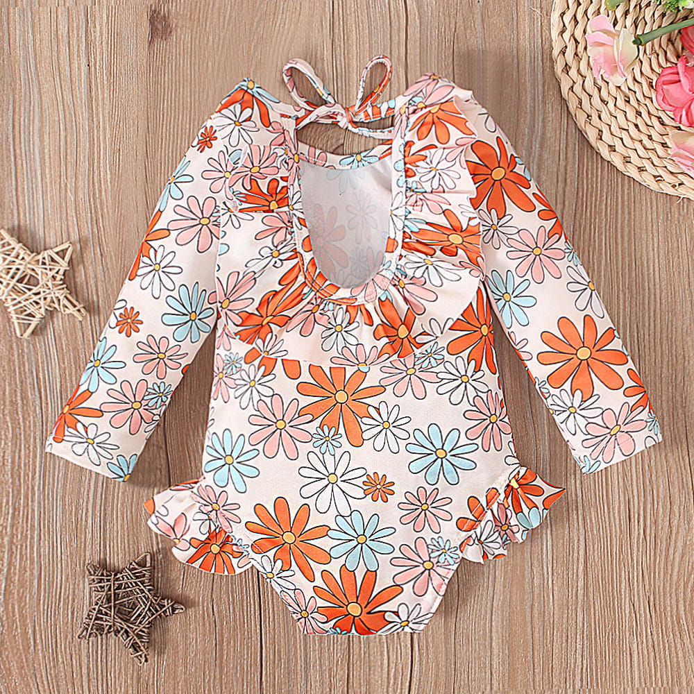 Girl's Pattern Graphic Print Crew Neck Open Back Swimsuit view 13
