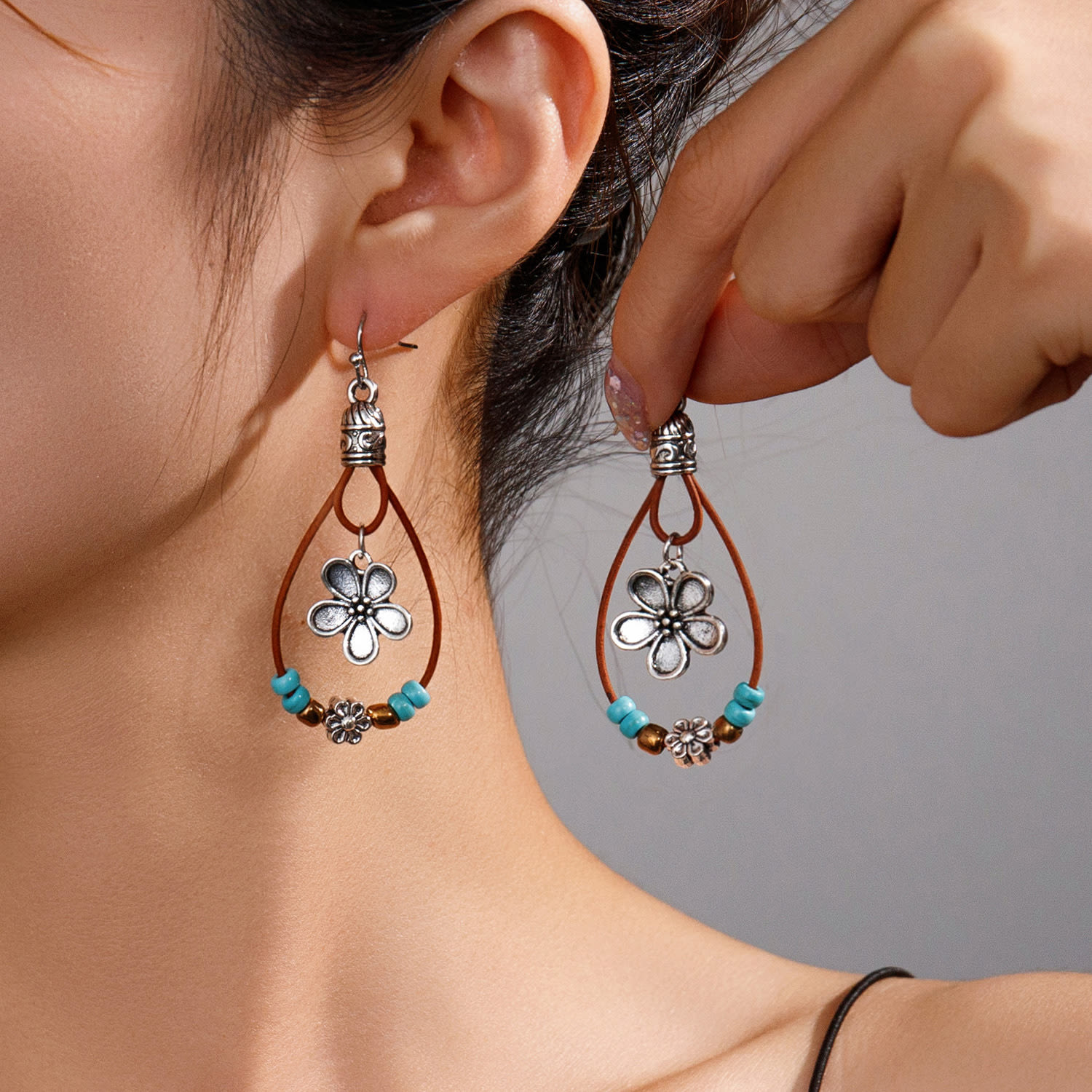 Vintage Earrings Ethnic Style Antique Silver Flower Turquoise Rope Pendant Women's Jewelry view 10