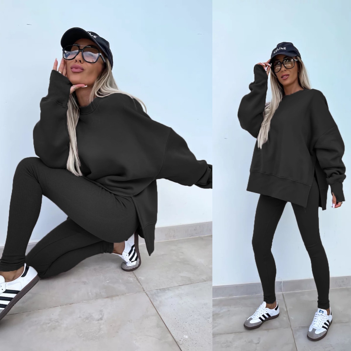 Sweater Suit Women's Casual Loose Long Sleeve Crew Neck Split Top Tight Trousers view 31