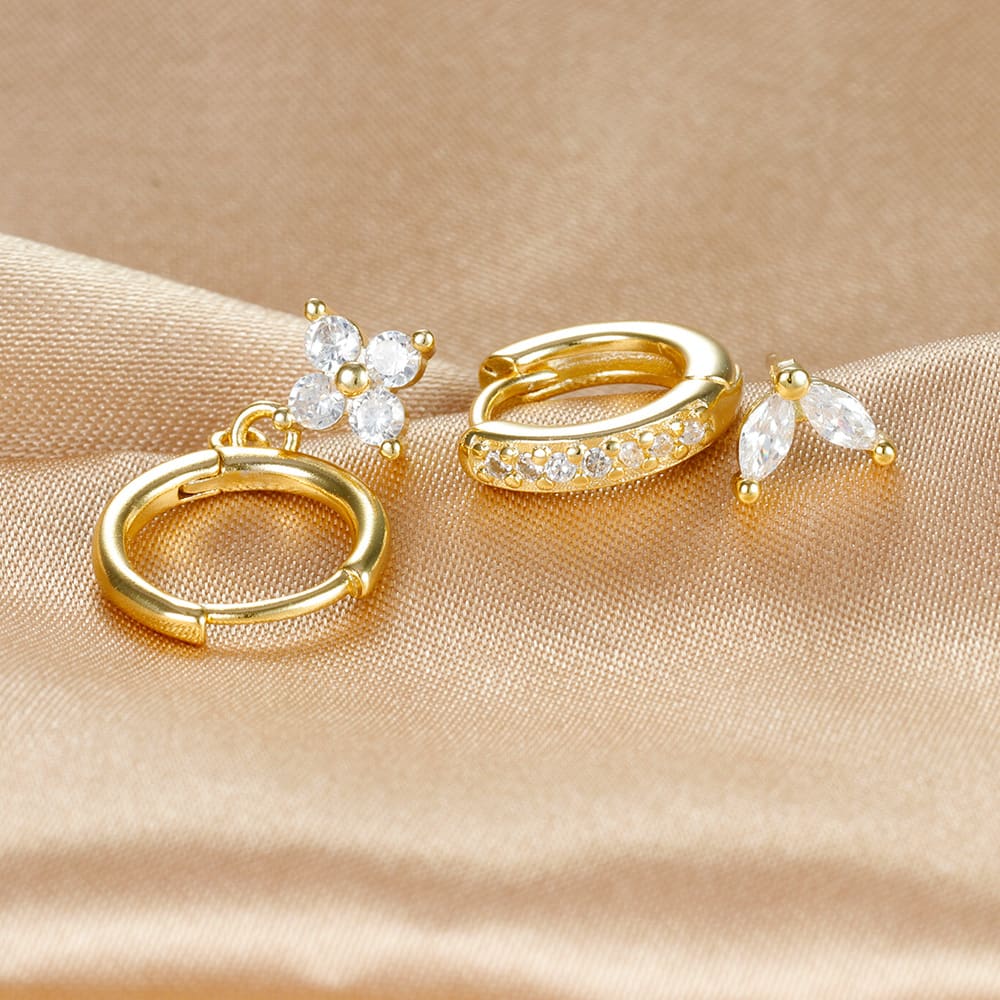 Flower Studded Diamond Stacked Earring Set view 10