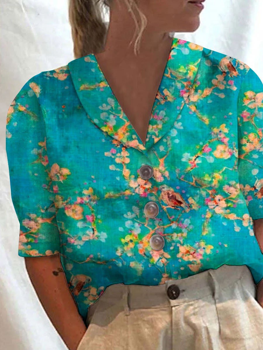 Women's Stand Collar Button Casual Half-sleeve Cotton And Linen Printed Short-sleeved Shirt view 9