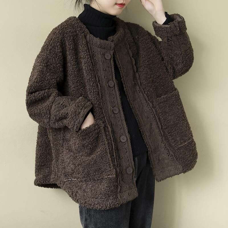 Artistic Retro Loose Long Sleeve Warm Coat Lambswool view 3