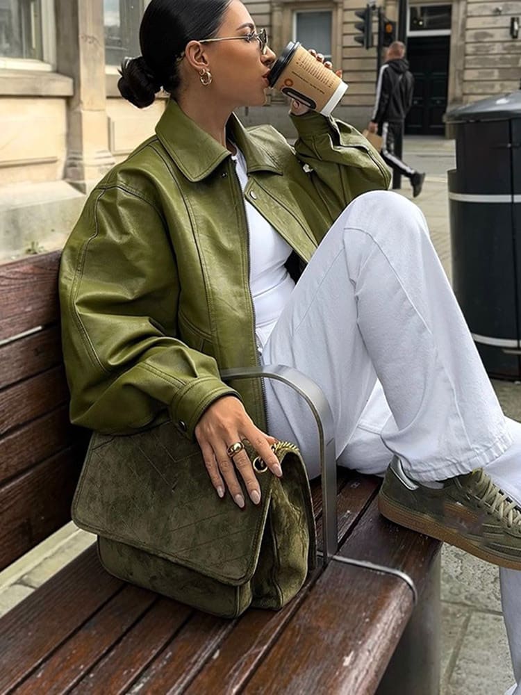Turn-down Collar Green Leather Fashionable Jacket view 6