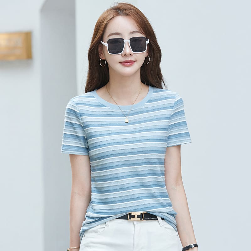 Striped Short-sleeved T-shirt Women's Korean-style White view 2