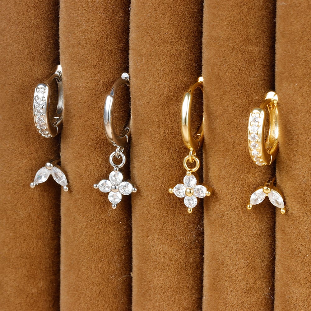 Flower Studded Diamond Stacked Earring Set view 17